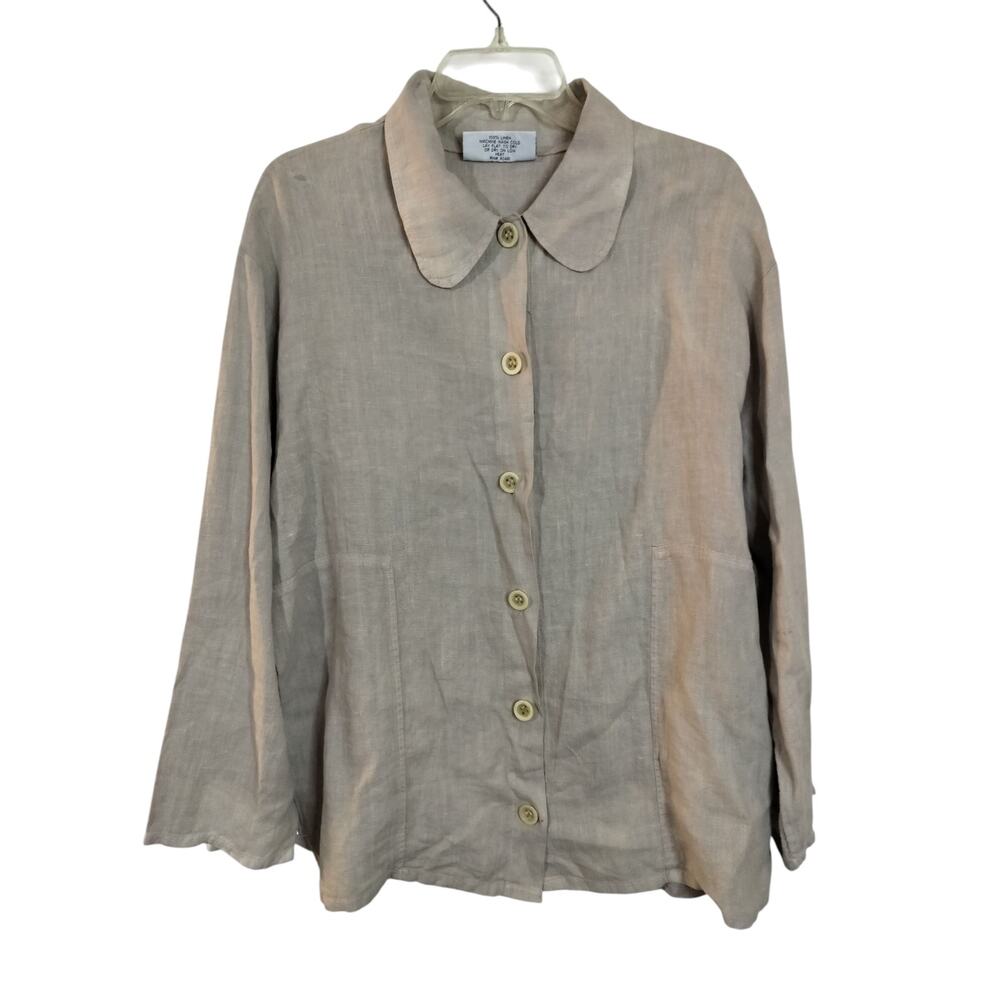 3829) Aly Wear Tan Linen Collared Button Up Lagenlook Long Sleeve Tunic Top 2X